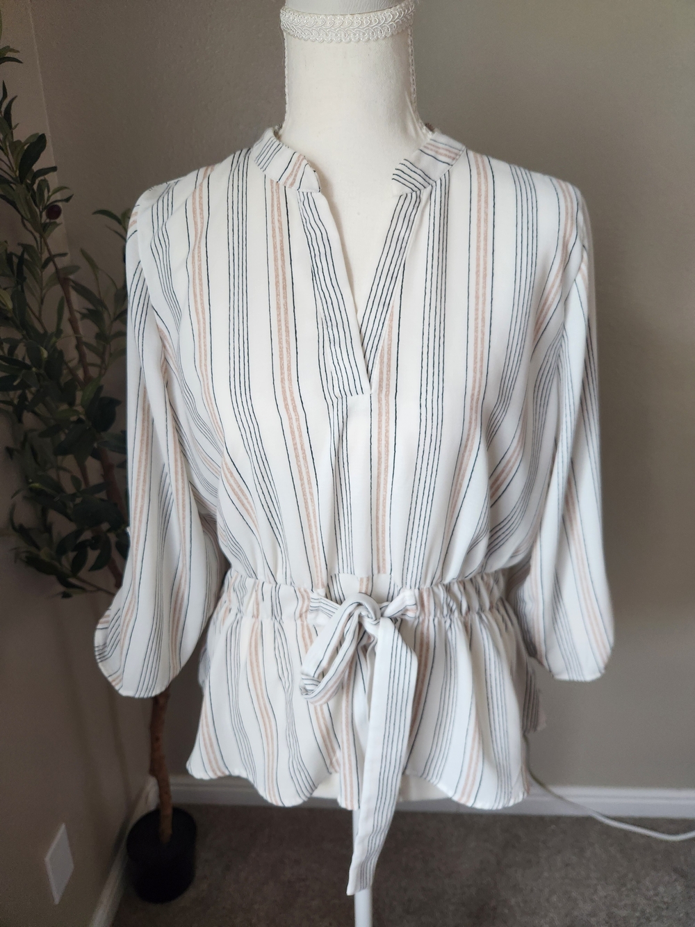 Sweet Rain Striped V-Neck Tie-Waist Blouse in White, Beige and Black